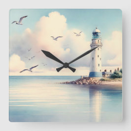 Kust Vuurtoren Meeuwen Pastel Lucht Sereniteit Vierkante Klok