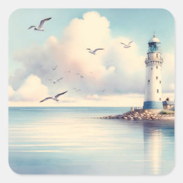Kust Vuurtoren Meeuwen Pastel Lucht Sereniteit Vierkante Sticker