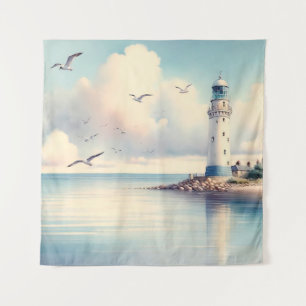 Kust Vuurtoren Meeuwen Pastel Lucht Sereniteit Wandkleed