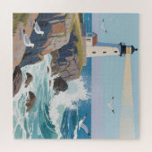 Kust Vuurtoren Oceaan Golven Zeemeeuwen Legpuzzel (Horizontaal)