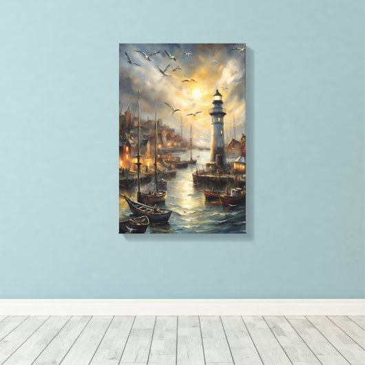 Kust Vuurtoren & Seaside Village Sunset Art Canvas Afdruk (Insitu (Houten vloer))