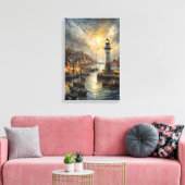 Kust Vuurtoren & Seaside Village Sunset Art Canvas Afdruk (Insitu (Woonkamer))