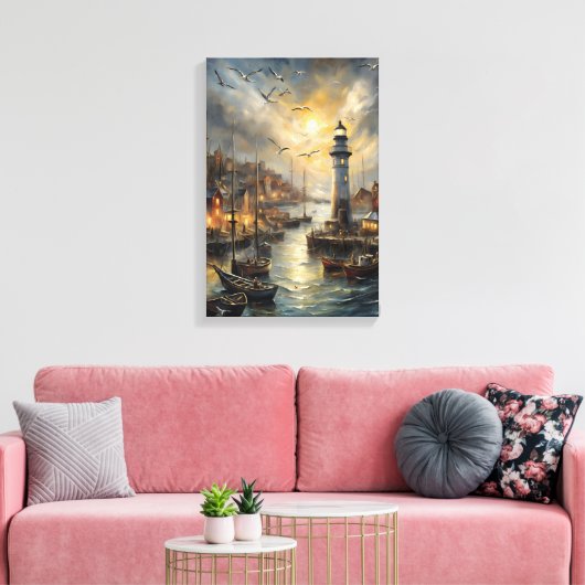 Kust Vuurtoren & Seaside Village Sunset Art Canvas Afdruk (Insitu (Woonkamer))