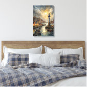 Kust Vuurtoren & Seaside Village Sunset Art Canvas Afdruk (Insitu (Slaapkamer))