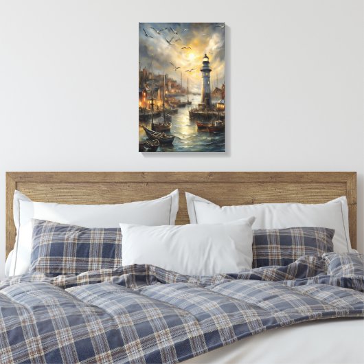 Kust Vuurtoren & Seaside Village Sunset Art Canvas Afdruk (Insitu (Slaapkamer))