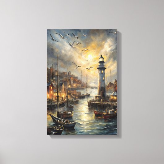 Kust Vuurtoren & Seaside Village Sunset Art Canvas Afdruk (Voorkant)
