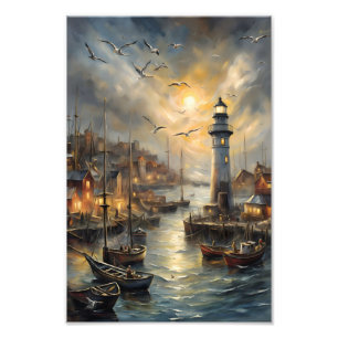 Kust Vuurtoren & Seaside Village Sunset Art Foto Afdruk