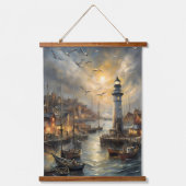Kust Vuurtoren & Seaside Village Sunset Art Hangend Wandkleed (Voorkant)
