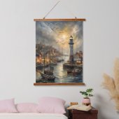 Kust Vuurtoren & Seaside Village Sunset Art Hangend Wandkleed (Slaapkamer)