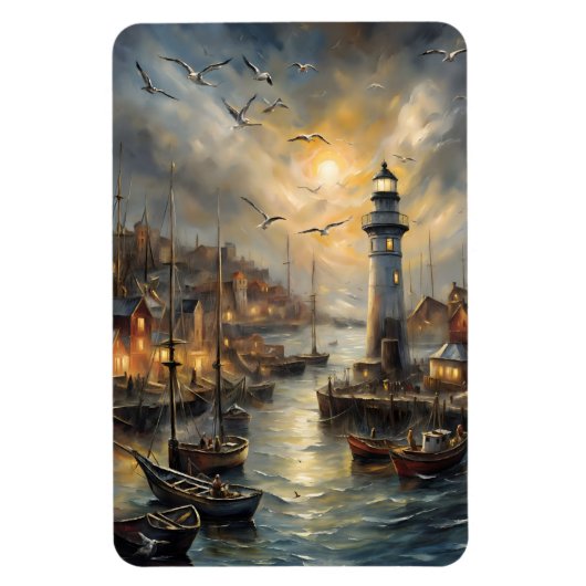 Kust Vuurtoren & Seaside Village Sunset Art Magneet (Verticaal)