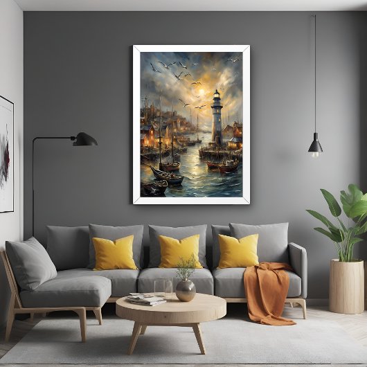 Kust Vuurtoren & Seaside Village Sunset Art Perfect Poster