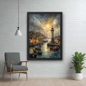 Kust Vuurtoren & Seaside Village Sunset Art Perfect Poster