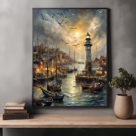 Kust Vuurtoren & Seaside Village Sunset Art Poster