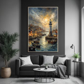 Kust Vuurtoren & Seaside Village Sunset Art Poster