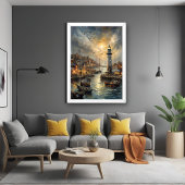 Kust Vuurtoren & Seaside Village Sunset Art Poster
