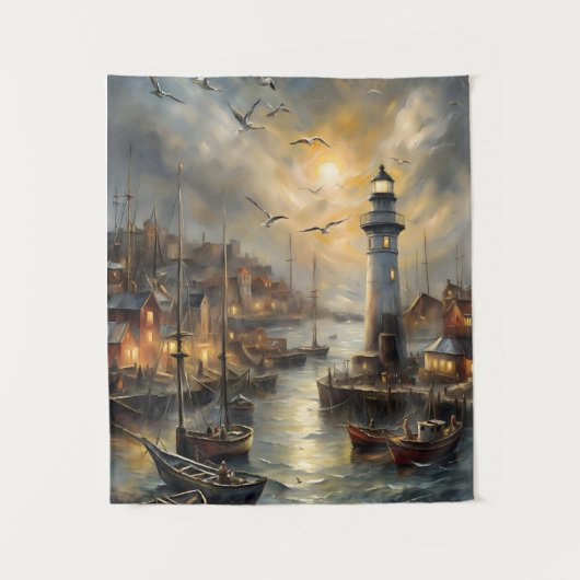 Kust Vuurtoren & Seaside Village Sunset Art Wandkleed (Voorkant)