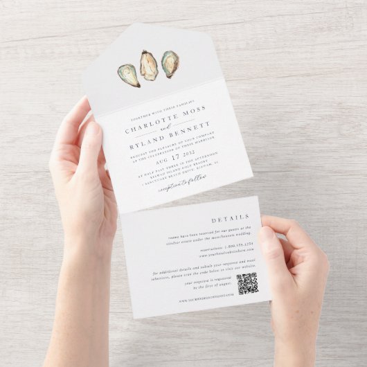 Kust Waterverf Oester Bruiloft All In One Uitnodiging (Afscheurbaar)