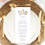 Kust Waterverf Oester Bruiloft Menu<br><div class="desc">Deel uw bruiloft receptie menu details in elegante stijl met deze kust bruiloft menu kaarten in het wit met marine letters en een trio van aqua en ivoor waterverf oester shell illustraties. Voeg je initialen en trouwdatum aan de bovenkant toe en pas vervolgens de menu-items aan die op basis van...</div>