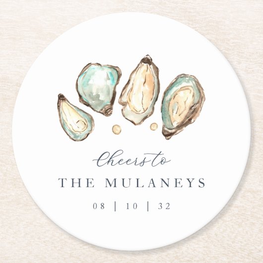 Kust Waterverf Oester Bruiloft Ronde Kartonnen Onderzetter (Voorkant)