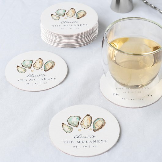 Kust Waterverf Oester Bruiloft Ronde Kartonnen Onderzetter