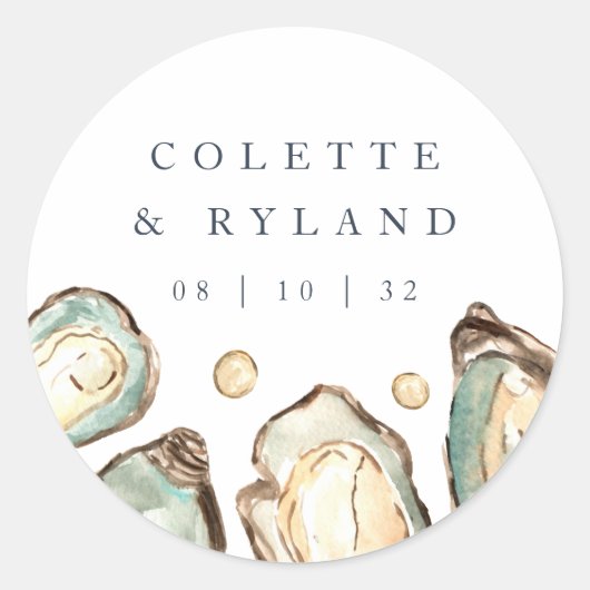 Kust Waterverf Oester Bruiloft Ronde Sticker (Voorkant)