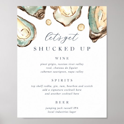 Kust Waterverf Oyster Wedding Bar Menu Sign Poster (Voorkant)