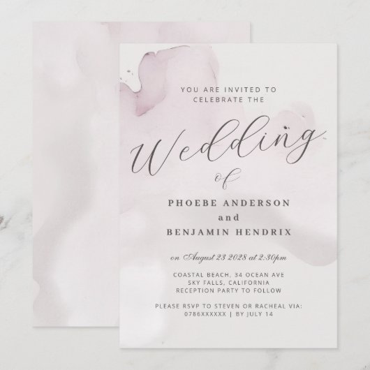 Kust Waterverf Roze Elegante bruiloft Kaart (Voorkant / Achterkant)