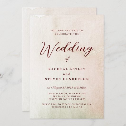 Kust Waterverf Sepia Elegant Huwelijk Kaart (Voorkant / Achterkant)