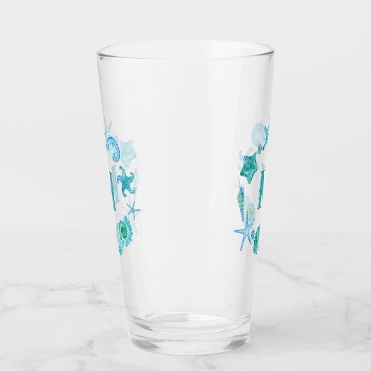 Kust Waterverf Zeeschelpen en Zeesterren Monogram Glas (Links)