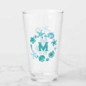 Kust Waterverf Zeeschelpen en Zeesterren Monogram Glas (Voorkant)