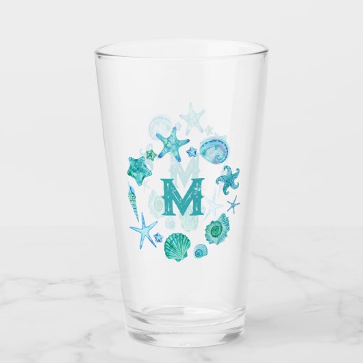 Kust Waterverf Zeeschelpen en Zeesterren Monogram Glas (Voorkant)