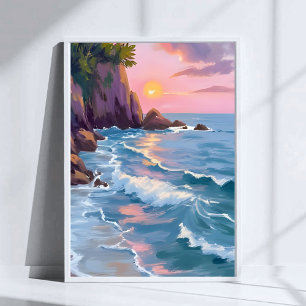 Kust Watervlug Zonsondergang Aquarel Schilderij Poster