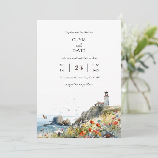 Kust Wildflower Lighthouse Uitzicht Beach bruiloft Kaart (Staand voorkant)