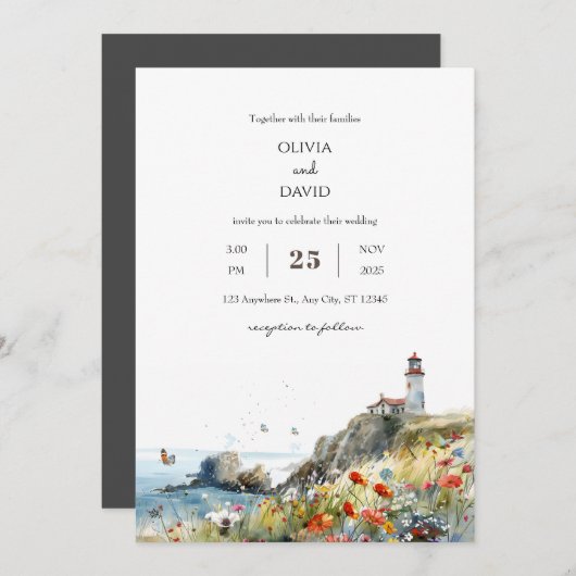 Kust Wildflower Lighthouse Uitzicht Beach bruiloft Kaart (Voorkant / Achterkant)