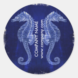 kust witgewassen hout nautisch blauw zeepaardje ronde sticker