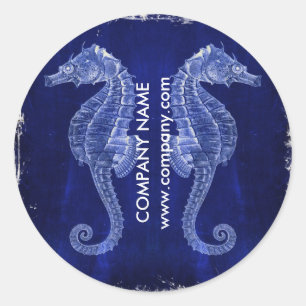kust witgewassen hout nautisch blauw zeepaardje ronde sticker