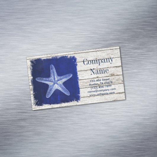 kust witgewassen hout nautische blauwe zeester magnetisch visitekaartje (Voorbeeld)