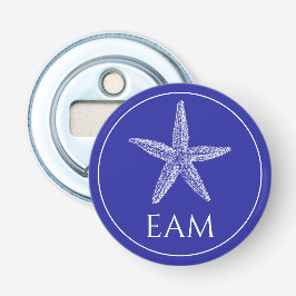 Kust Witte Zeester op Navy Blue Monogram Button Flesopener