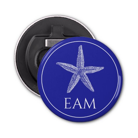 Kust Witte Zeester op Navy Blue Monogram Button Flesopener (Voorkant)