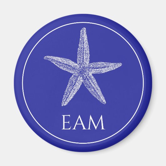 Kust Witte Zeester op Navy Blue Monogram Magneet (Voorkant)