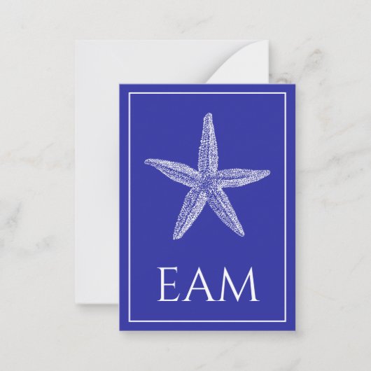 Kust Witte Zeester op Navy Blue Monogram Notitiekaartje (Voorkant)