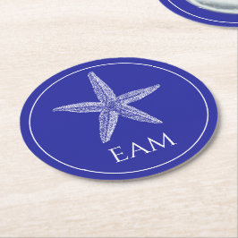 Kust Witte Zeester op Navy Blue Monogram Ronde Kartonnen Onderzetter
