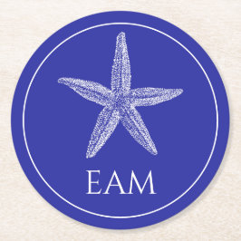 Kust Witte Zeester op Navy Blue Monogram Ronde Kartonnen Onderzetter