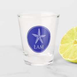Kust Witte Zeester op Navy Blue Monogram Shot Glas