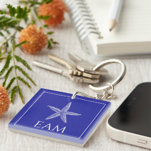 Kust Witte Zeester op Navy Blue Monogram Sleutelhanger