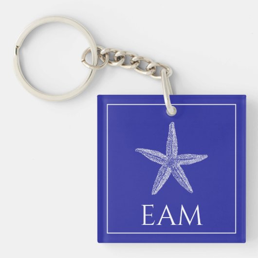Kust Witte Zeester op Navy Blue Monogram Sleutelhanger (Voorkant)