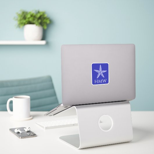 Kust Witte Zeester op Navy Blue Monogram Sticker (Laptop op bureau)