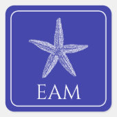 Kust Witte Zeester op Navy Blue Monogram Vierkante Sticker (Voorkant)