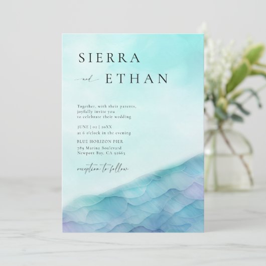 Kust Zee Glas 2 Blauwgroen Lavendel Elegante bruil Kaart (Staand voorkant)