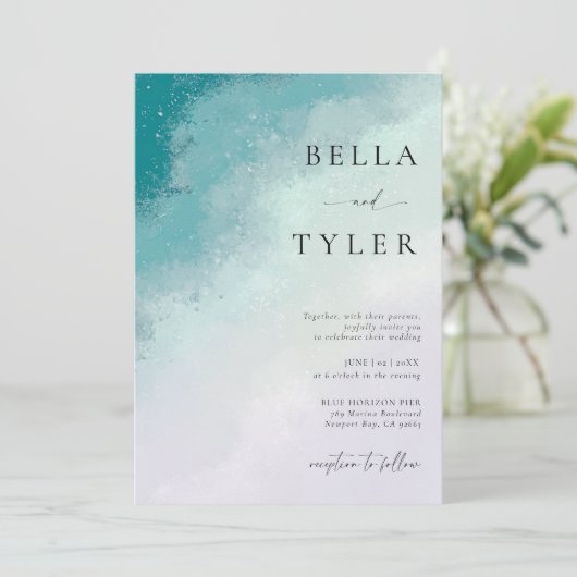 Kust Zee Glas Blauwgroen Lavendel Elegante bruilof Kaart (Staand voorkant)